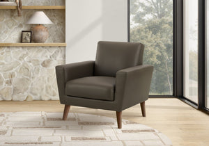 Chair, Upholstered Mid Century Modern Leather Look Walnut Legs Living Room Accent