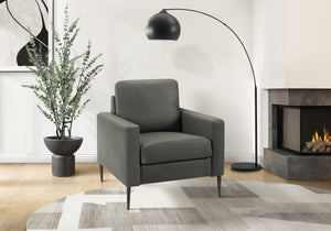 Chair, Upholstered Square Arm Accent Seat in Faux Leather with Black Metal Legs