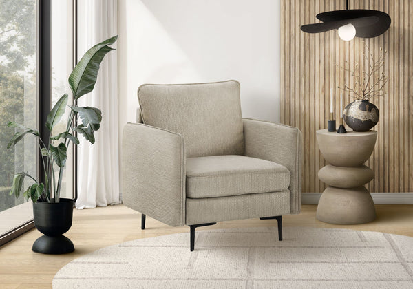 Chair, Beige Fabric Upholstered Accent Seat with Black Metal Legs for Modern Living