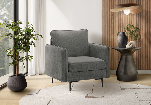 Chair, Modern Accent with Dark Grey Fabric Pocket Coil Cushions and Black Metal Legs