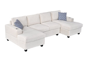 English Elm Multifunctional Corduroy Modular Sectional with Dual Chaise Cup Holders Living Room Beige B2730S00073