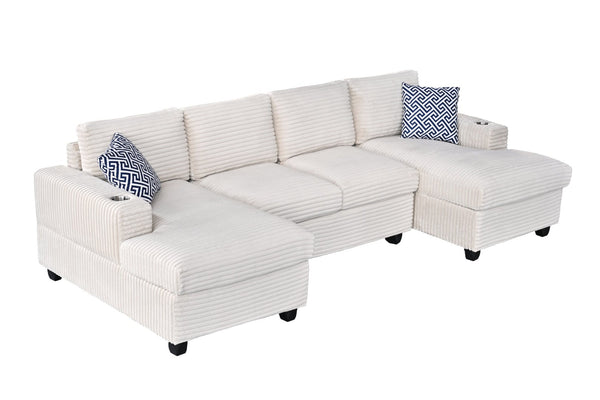 English Elm Multifunctional Corduroy Modular Sectional with Dual Chaise Cup Holders Living Room Beige B2730S00073