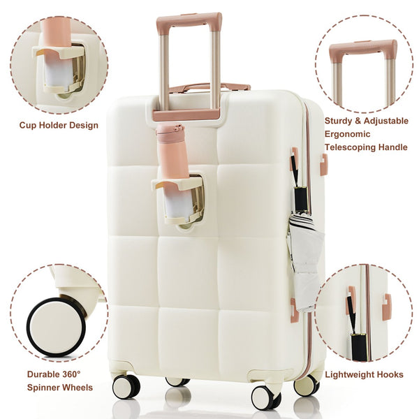 English Elm Luggage 4 Piece Abs Hard Shell Set with Spinner Wheels Cup Holder Travel Bag White+Gold N726P296017R