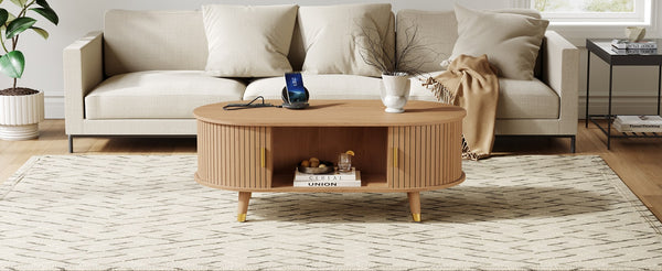 English Elm [Assembly Fluted Tambour Coffee Table with 360° Sliding Door, Built-In Charging Station & Mid-Century Flair Natural N721P297572L