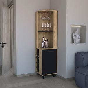 English Elm Corner Bar Cabinet Cleveland - Natural Oak & Black Corner Wine Storage with Cup Rack, Shelves, Ten Cubbies B092P217885