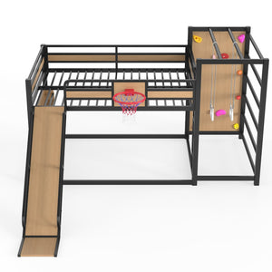 English Elm Twin Metal Loft Bed with Slide Basketball Hoop Climbing Wall and Built-in Shelves W1580S00632