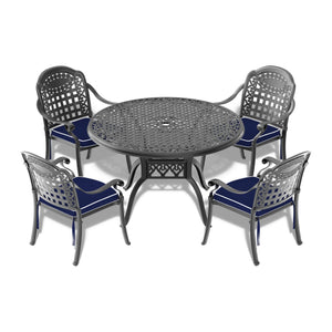 English Elm 5-Piece Elegant Cast Aluminum Patio Furniture Set With Cozy Blue Cushions For Outdoor Relaxation W1710S00135