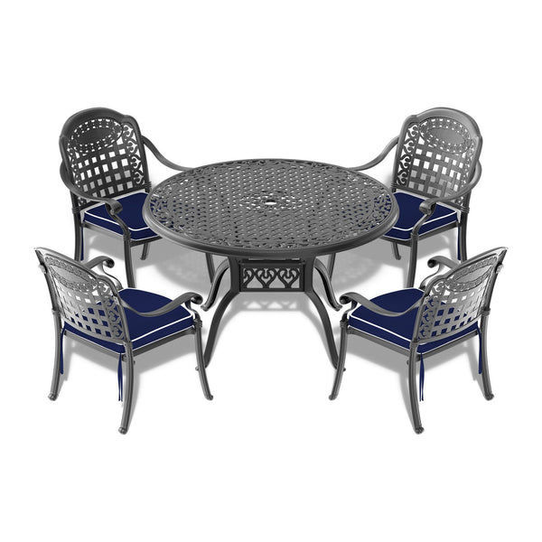 English Elm 5-Piece Elegant Cast Aluminum Patio Furniture Set With Cozy Blue Cushions For Outdoor Relaxation W1710S00135