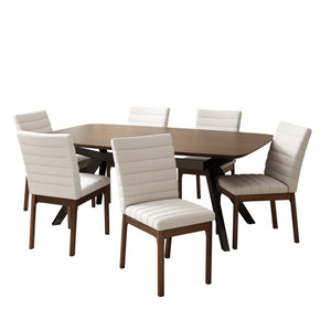 English Elm Christopher Knight Home® - 7-Pieces Upholstered Dining Set with Rubberwood Frame, Mid-Century Modern, Channel-Stitch Chairs Black + Dark Walnut,Light beige 73471.00LBGE_6_N768P247991W