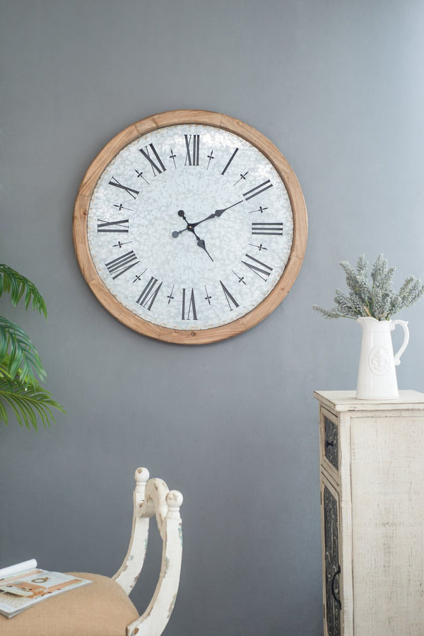 English Elm D32.3" Oversized Rustic Wall Clock with Fir Frame, Galvanized Numerals, Black Steel Hands, Vintage Charm W2078P293128
