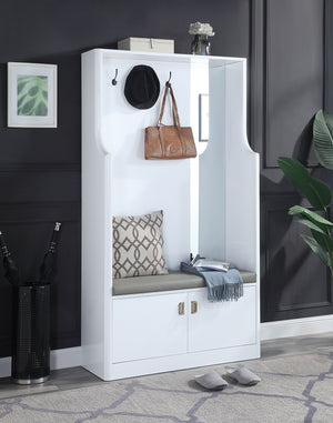 English Elm Buck Buck II White High Gloss Hall Tree with Padded Seat, Mirror, 3 Hooks & 2-Door Storage Cabinet B2726P278589
