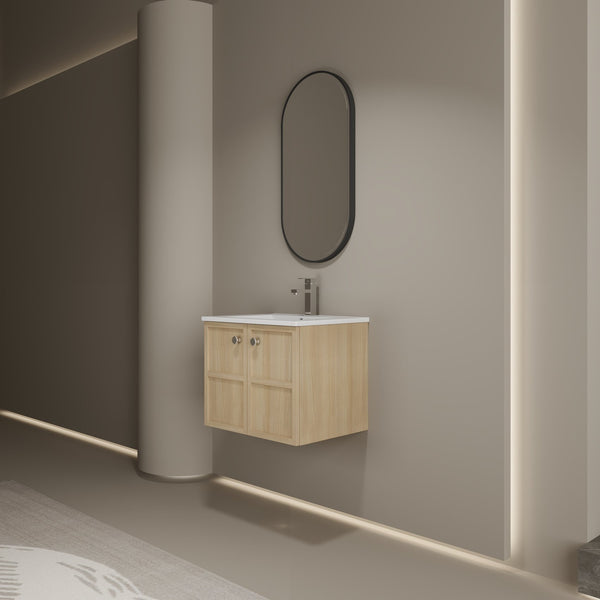 English Elm 24" Modern Wall Vanity with Ceramic Sink, Oak Plywood Cabinet, 2 Soft-Close Doors, Handles Included W1972S00021