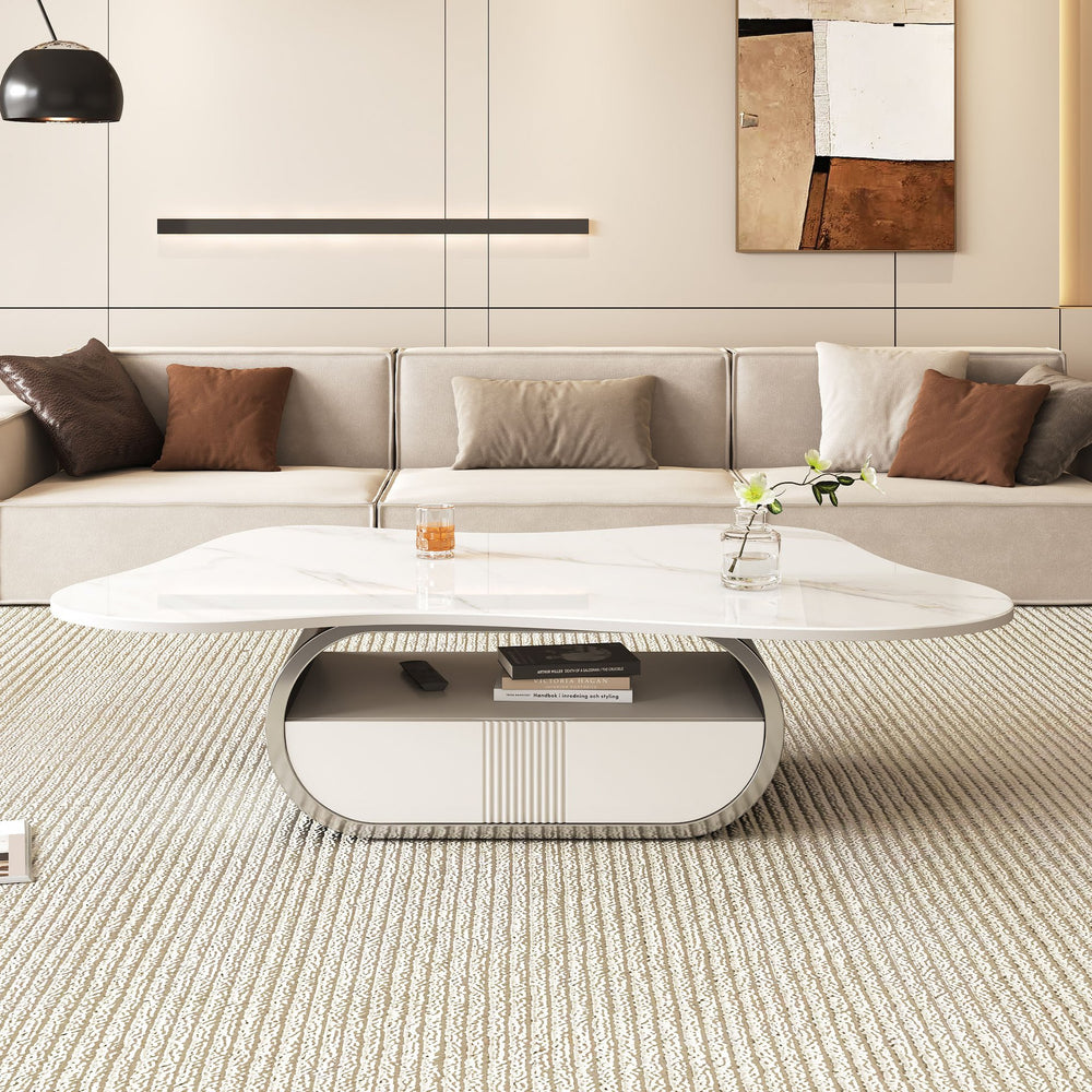 English Elm Modern Butterfly Coffee Table with Sintered Stone Top, Stainless Steel Base, Drawer & Shelf Storage Grey+White W3136S00017