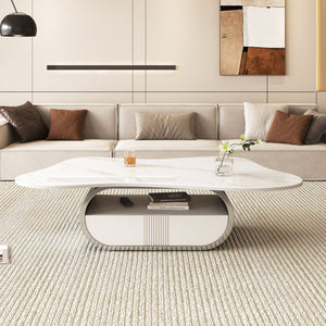 English Elm Modern Butterfly Coffee Table with Sintered Stone Top, Stainless Steel Base, Drawer & Shelf Storage Grey+White W3136S00017