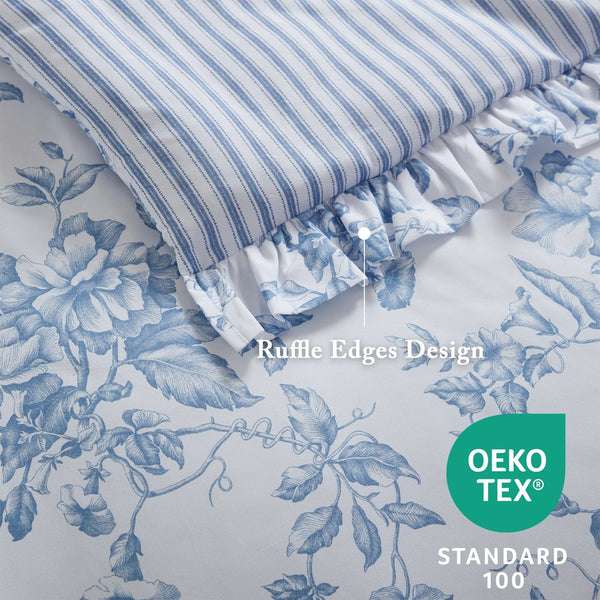 JLA Home Madison Park Essentials - 5 Vintage Coquette Comforter Set with Ruffle Trim, Reversible Stripe, OEKO‑TEX Microfiber for Charming Bedrooms Blue MPE10-1166