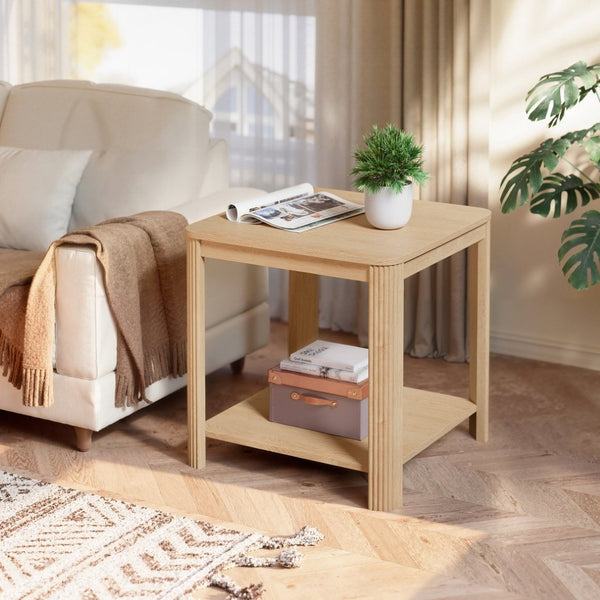 English Elm Rounded Square End Tables Set of 2 Boho Walnut with Wave Legs and Open Shelf W5563P449957