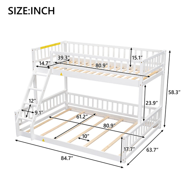 English Elm Twin Twin XL over Queen bunk bed with ladder and guardrails, sturdy pine MDF frame for small rooms White GX000464AAK