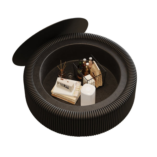 English Elm 31.5" Fluted Leather Round Coffee Table Tempered Glass Lift Top Hidden Storage Modern Black W3158P450847