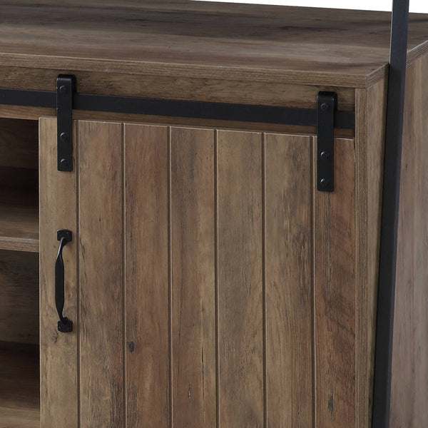 English Elm Rashawn Rustic Oak TV Stand with Black Frame, Sliding Barn Doors, 6 Compartments & Open Shelf B2726P256332