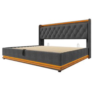 English Elm King Upholstered Bed with Surround LED, App/Remote Control, Hydraulic Storage, USB Type-C Charging Gray N736P188808G