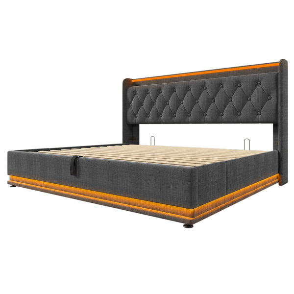 English Elm King Upholstered Bed with Surround LED, App/Remote Control, Hydraulic Storage, USB Type-C Charging Gray N736P188808G