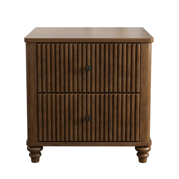 English Elm Fluted Oak Finish Nightstand with Three Drawers Mid Century Modern Bedroom Side Table Walnut W1716P298926