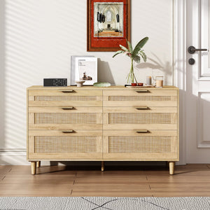 English Elm 51" Rattan Dresser with Six Drawers, Stylish Woven Storage Chest with Metal Handles and Wood Legs for Bedroom Hallway Living Room Natural W757P209506