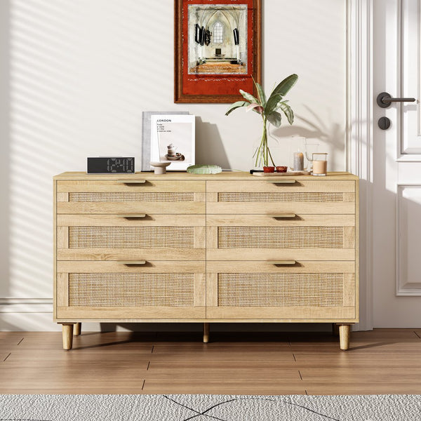 English Elm 51" Rattan Dresser with Six Drawers, Stylish Woven Storage Chest with Metal Handles and Wood Legs for Bedroom Hallway Living Room Natural W757P209506