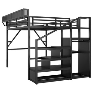 English Elm Twin Metal High Loft Bed with Staircase Storage Wardrobe for Kids and Teens W2580S00077