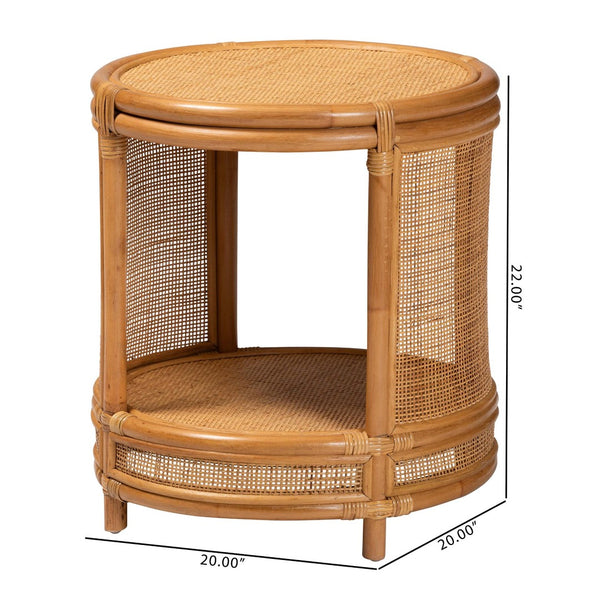 English Elm Modern Woven Rattan Round End Table with Open Shelf Bohemian Coastal Living Accent B2750P467699