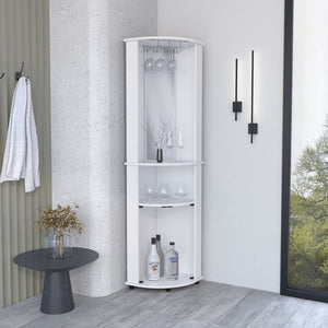 English Elm Corner Corner Bar Cabinet Unit with Wine Glass Rack, Mirrored Center, 3-Tier Storage & Lower Glass Doors B097P221375