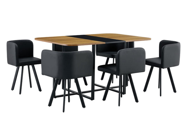 English Elm 7-piece Modern Dining Set Suede Upholstered Chairs Wood Grain Melamine Table Black,Wood W3875S00108