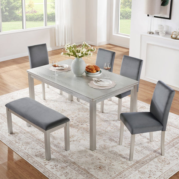 English Elm 6 Piece Wooden Dining Set With Upholstered Chairs And Bench – Elegant Silver Grey Table For 6 W1998S00067
