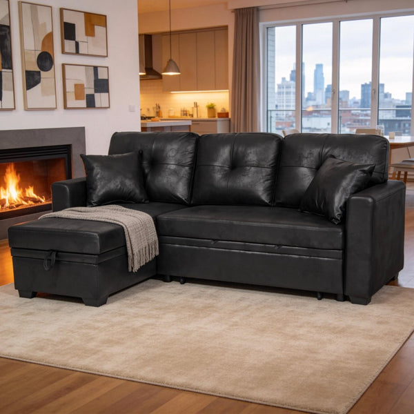 English Elm Sleeper Sectional Sofa with Storage Chaise Tufted Black Fabric L-shaped Living Room W5568S00037