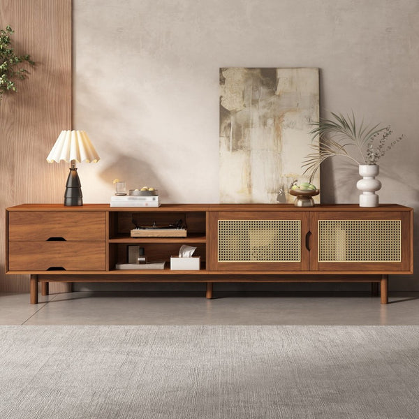 English Elm 78 Inch Rattan Media Console with Rubberwood Legs Walnut Finish Living Room Storage N710P407810P
