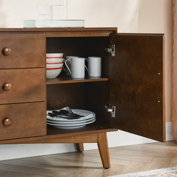 English Elm 47.3" Mid Century Modern Sideboard Buffet with 2 Doors 3 Drawers Walnut — Spacious Storage, Solid Wood Base, Stylish Console Table W1801P195696