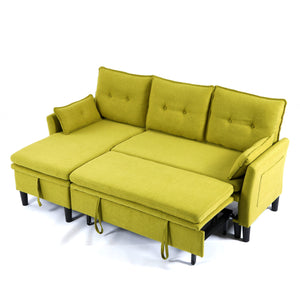 English Elm L-Shaped Reversible Chaise Sectional Sofa with Storage and Fold-Out Bed Cotton-Linen Modern Design Green W3371S00026