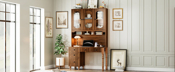 English Elm 47'' Retro Desk with Charging Ports, 5 Drawers & Glass-Door Hutch Cabinet for Home Office Walnut N733S357626D