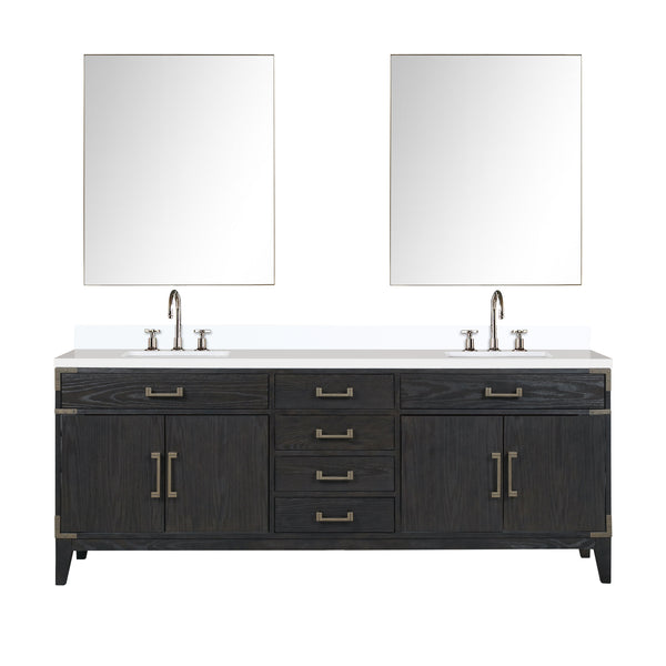 English Elm Black Oak Double Bath Vanity With White Quartz Top, Chrome Faucet Set & 36” Mirrors For Luxury Style B2731S02194