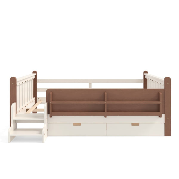 English Elm Queen Bunk Bed with Trundle Solid Pine Kids Car Themed Frame Built-in Bookshelf Beige W1580S00542
