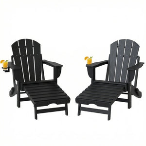English Elm Folding Hdpe Adirondack Chair Set of 2 with Footrest for Patio Fire Pit Lounging Black T3971P476043