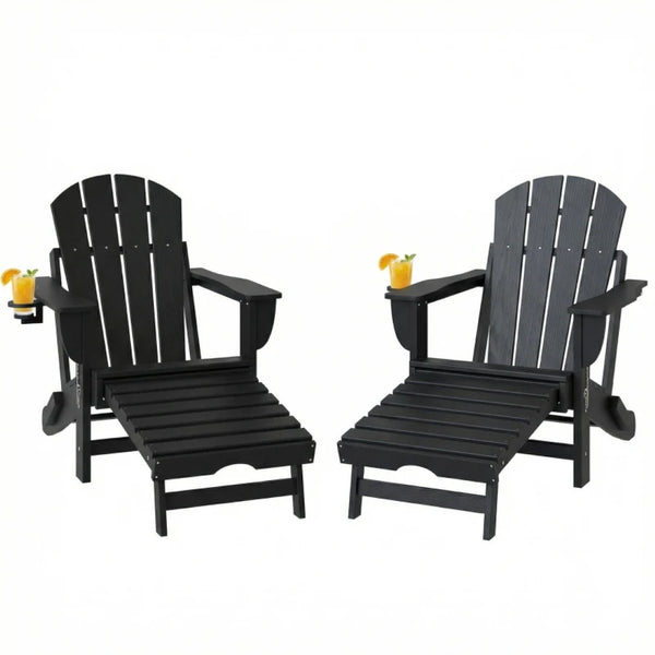 English Elm Folding Hdpe Adirondack Chair Set of 2 with Footrest for Patio Fire Pit Lounging Black T3971P476043