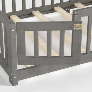 English Elm Twin Floor Bed Solid Pine Frame with Guardrails and Door for Safe Kid Sleep W1580P433575