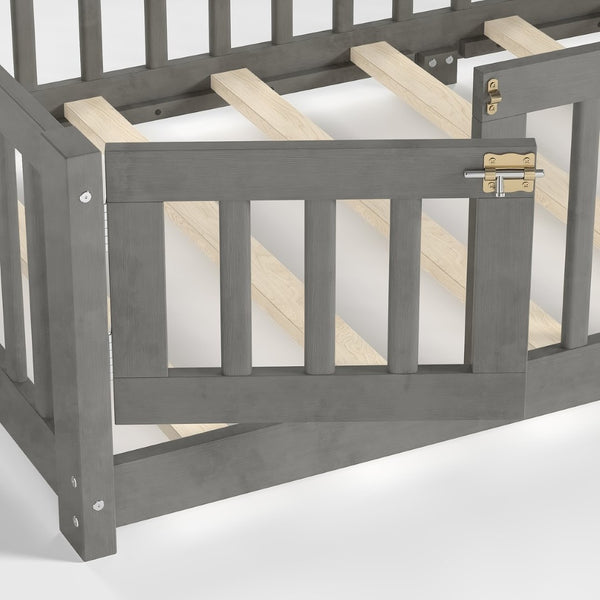 English Elm Twin Floor Bed Solid Pine Frame with Guardrails and Door for Safe Kid Sleep W1580P433575