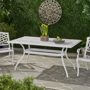 English Elm Christopher Knight Home® - PHOENIX Cast Aluminum Rectangle Dining Table with Floral Lattice, Umbrella Hole, Rust-Resistant Finish White 69.75 L x 40.5 W x 4.75 H 57704.00WHI