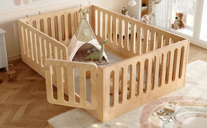 English Elm Twin Solid Pine Montessori Floor Bed with House Frame Door and Safety Fence Natural W5305P420636