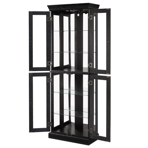 English Elm Elegant Curio Cabinet with Tempered Glass Doors, LED Lighting, Mirrored Back, Adjustable Shelves, Anti-Tip Safety Black W1758P297547