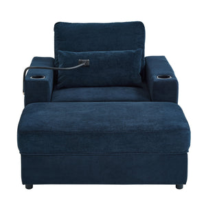 English Elm Modern Multifunctional Armchair with Chaise Lounge, Hidden Ottoman Storage, USB Ports & Cup Holders Blue N719P292700C