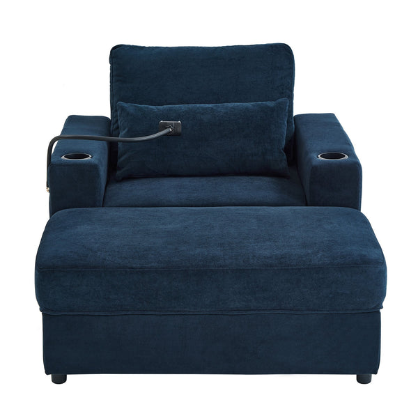 English Elm Modern Multifunctional Armchair with Chaise Lounge, Hidden Ottoman Storage, USB Ports & Cup Holders Blue N719P292700C