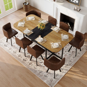 English Elm 9-piece Square Dining Set Seats 8 with Suede Chairs and Two-tone Metal Frame Black,Brown,Wood W3875S00137